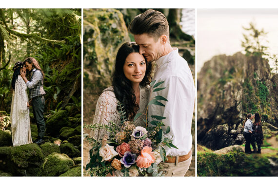 three photos of couples first a wedding couple in the forest, then a bride and groom with flowers, then a couple by rocks and the ocean
