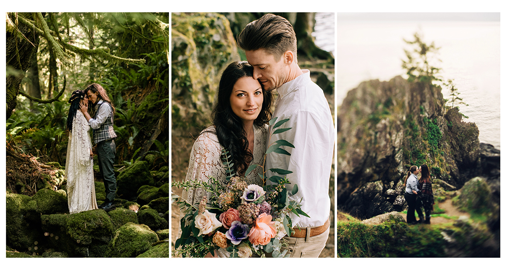 three photos of couples first a wedding couple in the forest, then a bride and groom with flowers, then a couple by rocks and the ocean
