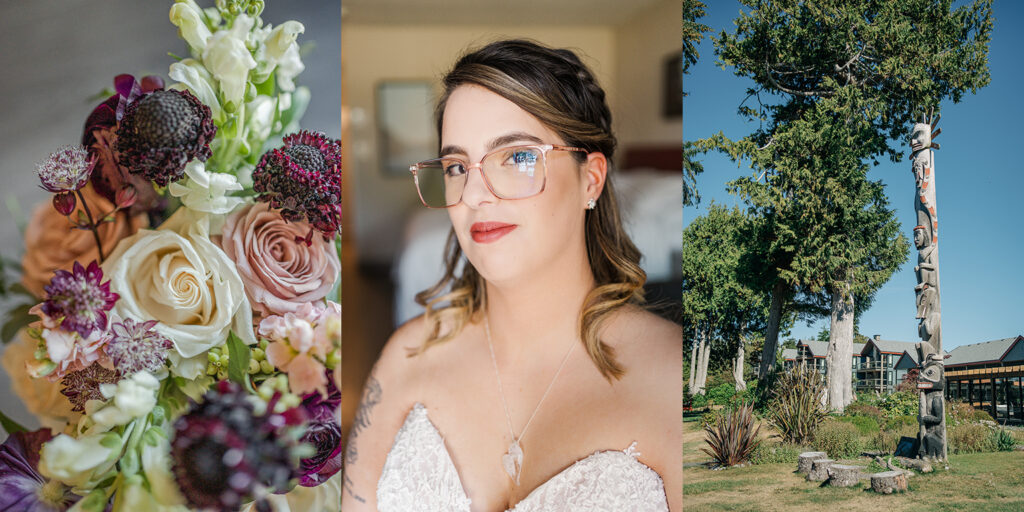 photo of the bride, her flowers, the totem poles and trees at the resort