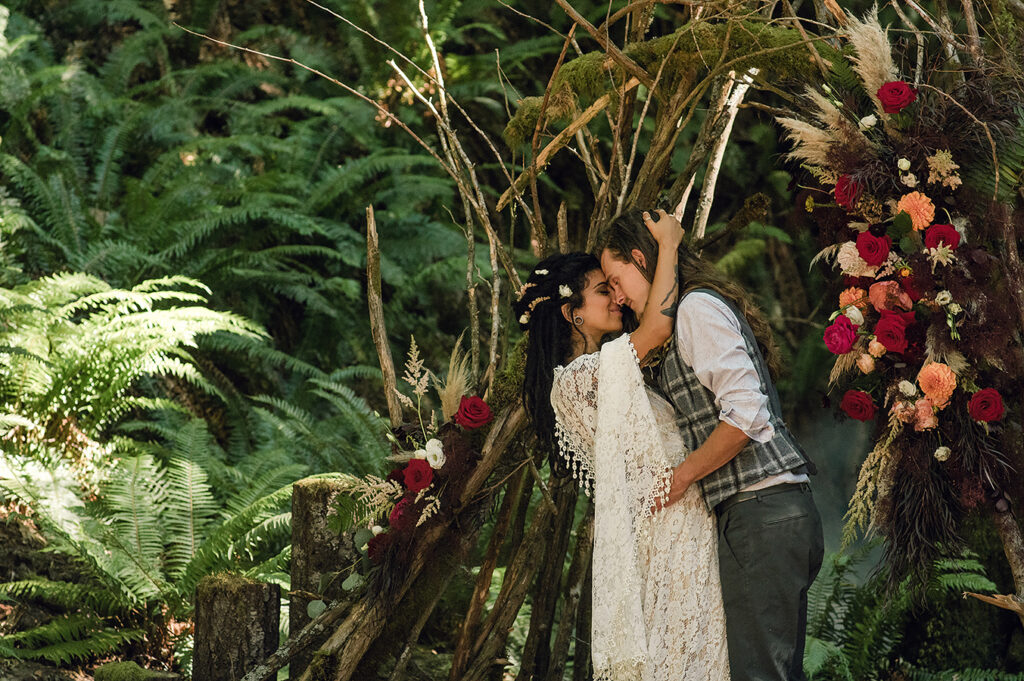 Photo of bride and groom at Cedar Haven wedding venue in the forest